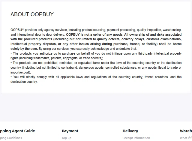 the operator’s ABOUT OOPBUY declaration stating it provides only agency services and requiring users to confirm their purchases infringe no third-party rights