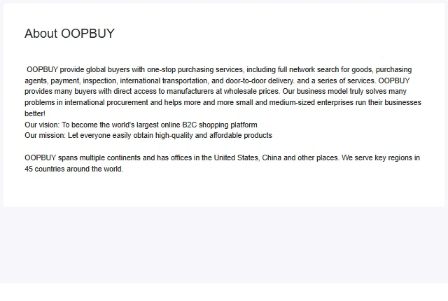 About OOPBUY help article describing one-stop purchasing services, a vision statement and a claim of offices in the United States and China serving 45 countries