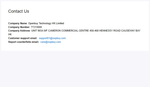 Contact Us help page naming the company, its registration number, a Causeway Bay address and two support email addresses