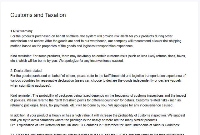 Customs and Taxation help page with risk warnings and declaration guidance referencing tariff threshold points for different countries