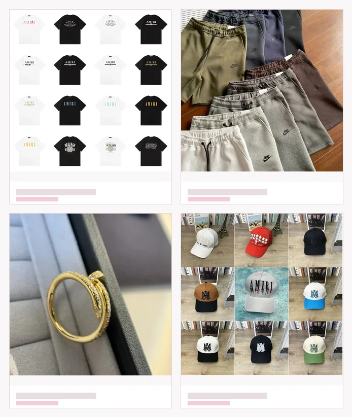 four catalogue cards in a grid: printed tees, joggers, a crested silver ring and embroidered caps