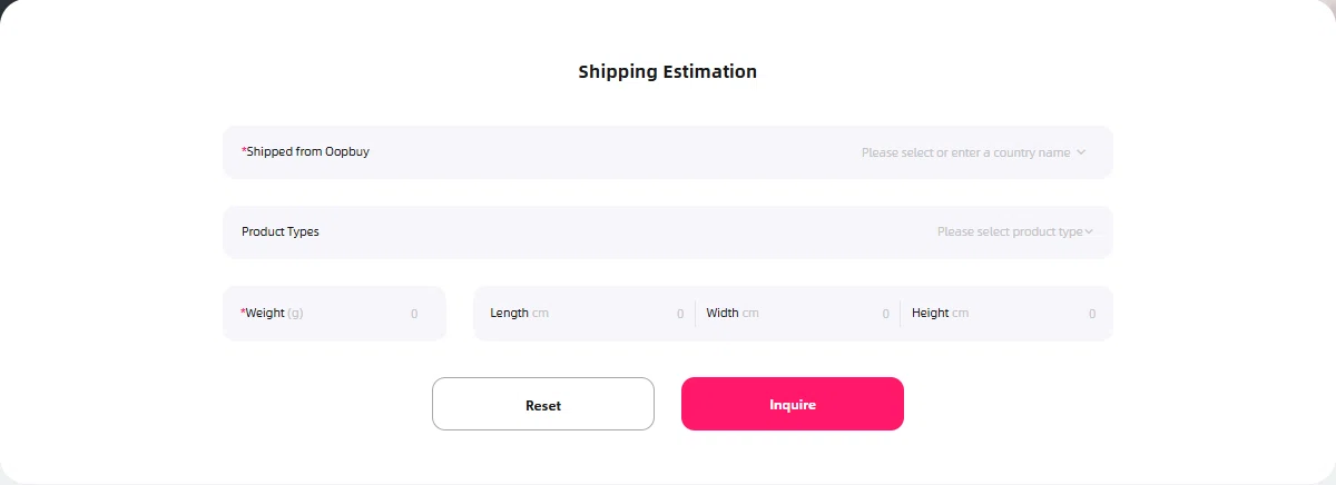 public shipping estimation form with fields for destination country, product type, weight in grams and length width height in centimetres, plus Reset and Inquire buttons