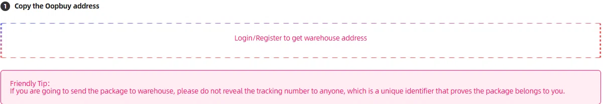 forwarding page section asking users to log in or register to get the warehouse address, with a friendly tip about keeping tracking numbers private