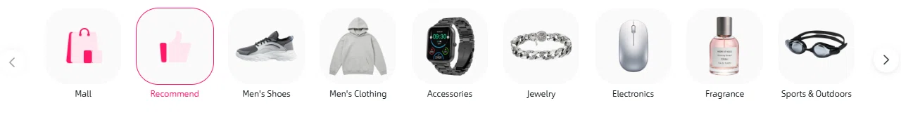 category icon rail from the agent homepage: Mall, Recommend, Men’s Shoes, Men’s Clothing, Accessories, Jewelry, Electronics, Fragrance and more