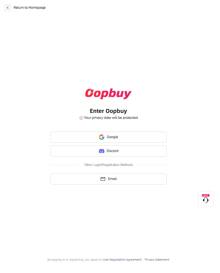 the agent account entry screen titled Enter Oopbuy with Google, Discord and Email sign-in buttons
