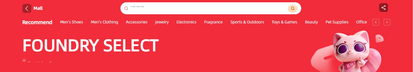 Mall storefront header named Foundry Select with a category strip and the pink cat mascot