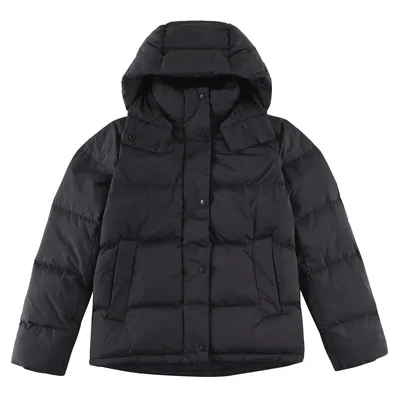 black hooded puffer jacket photographed flat on a pale studio background