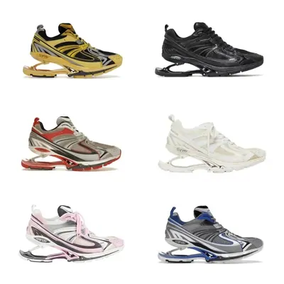 eight chunky running shoes in mixed colourways laid out on a white ground