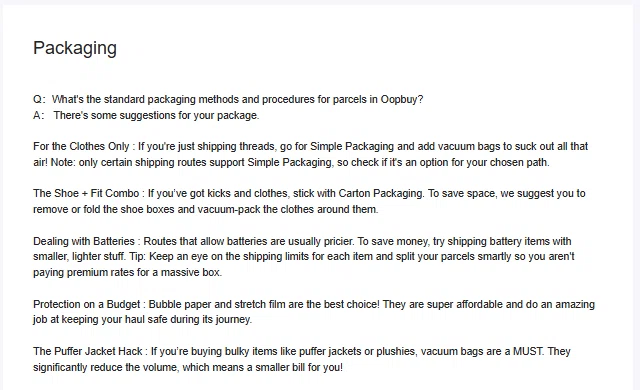 Packaging help article with advice for clothes-only parcels, shoe and clothing combinations, batteries, budget protection and puffer jackets