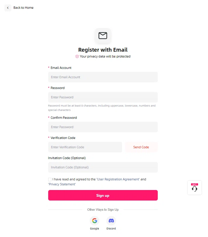 the agent registration form with email, password, verification fields and the optional Invitation Code field above the sign-up button