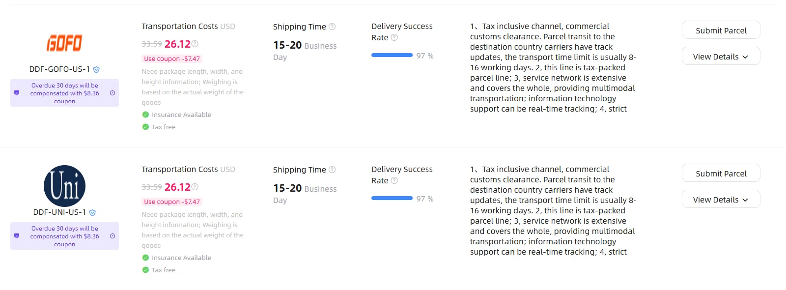 two US route cards from the public estimator showing struck-through and coupon prices, 15 to 20 business day estimates, 97 percent delivery success rates, tax-free labels and Submit Parcel buttons