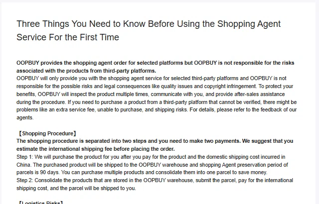 help article titled Three Things You Need to Know Before Using the Shopping Agent Service, with the two-steps two-payments line in bold
