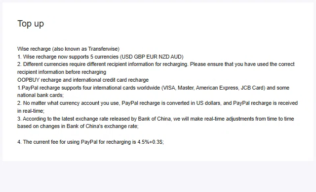Top up help article listing Wise recharge in five currencies and the PayPal recharge fee of 4.5 percent plus 30 cents
