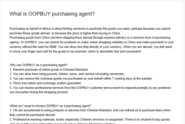 help article titled what is OOPBUY purchasing agent, explaining the service and listing reasons to use it including a seven working day earliest delivery claim